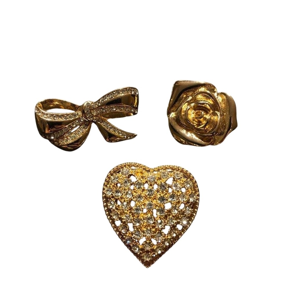 Vintage Style Gold Tone Brooch Set 3pc Heart Bow Rose Rhinestone Jewelry